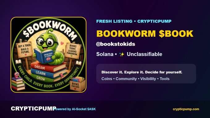 A promotional graphic for '$BOOKWORM BOOK' (@bookstokids), categorized under 'FRESH LISTING • CRYPTICPUMP' on Solana.