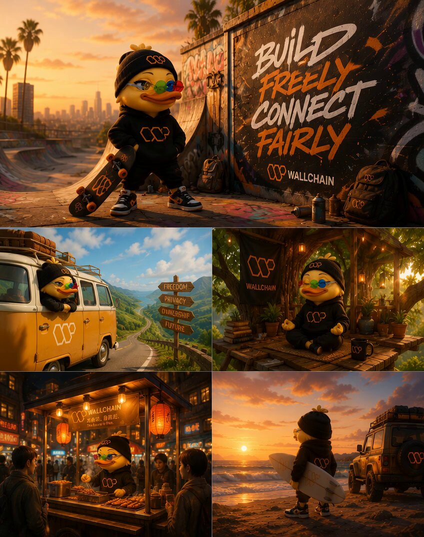 The image features a collage of four photos depicting various scenes related to the Wallchain company, with a focus on the decision-making process behind their decisions. The first photo shows a person wearing a black hoodie holding a skateboard, while the second photo depicts a person in a yellow shirt sitting next to a wall covered in graffiti and surrounded by palm trees. The third photo features a person dressed in a black outfit with a white skull on their head, standing near a car parked at an intersection. The fourth photo shows another person wearing a black hoodie holding a skateboard, while the background is filled with buildings and cars.