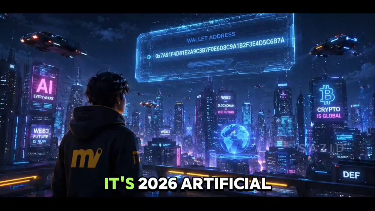 The image features a man standing in front of a city skyline at night, wearing a black hoodie and looking up towards a large screen displaying a futuristic cityscape filled with buildings and neon lights. The text "It's 2026 Artificial" is written on this screen, which seems to be related to the post about GMoove Your money, Your move Send, receive, stake & swap any crypto with @moovexyz".