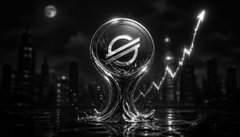 The image features a large, metallic object with a globe design at its center, surrounded by water droplets that are spraying out from all sides of the object. The background shows an urban cityscape with buildings under a cloudy sky. The caption on the image reads "Stellarは国債、マーケット、決済システム、RWAの成長が止まらないほうである。 XLMは素晴らしい投資先だと思います".