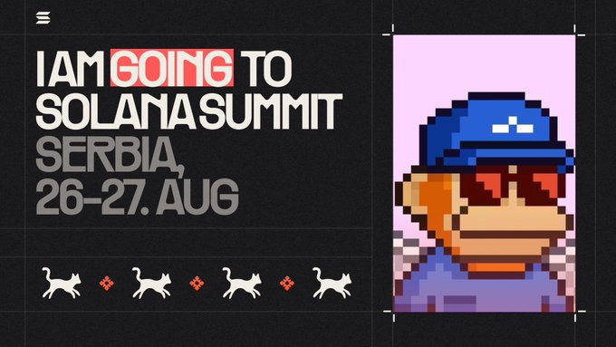 A promotional graphic with text 'I AM GOING TO SOLANA SUMMIT SERBIA, 26-27. AUG' next to a pixel art monkey wearing a blue cap and red sunglasses.