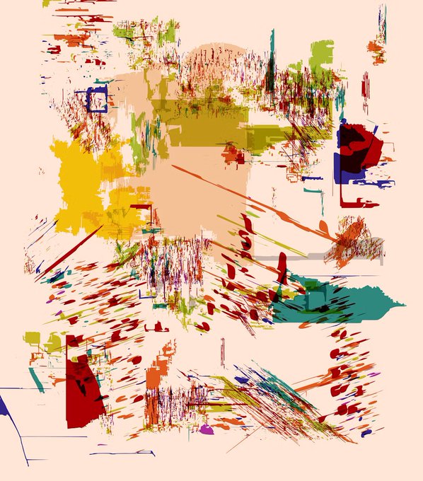 An abstract digital artwork features chaotic splashes, streaks, and drips of red, green, yellow, and blue paint scattered across a pale cream background.