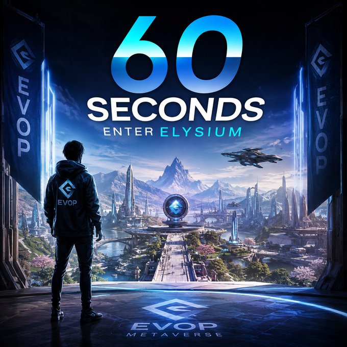 Promotional graphic titled '60 SECONDS - ENTER ELYSIUM' for EVOP METAVERSE, depicting a figure in a branded hoodie overlooking a futuristic sci-fi city with mountains and a spaceship.