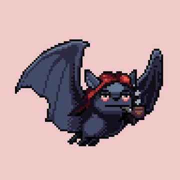 A pixel art image of a small dark blue bat-like creature wearing a red bandana and smoking a pipe on a beige background.