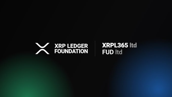 The image features two logos for an XP Ledger Foundation. The left logo displays a green circle with white text that says "XRP Ledger Foundation" while the right logo shows a blue circle with white text that reads "XRPL365 Ltd FUD LTD". These logos are positioned side by side, and they both appear to be in black against a dark background.