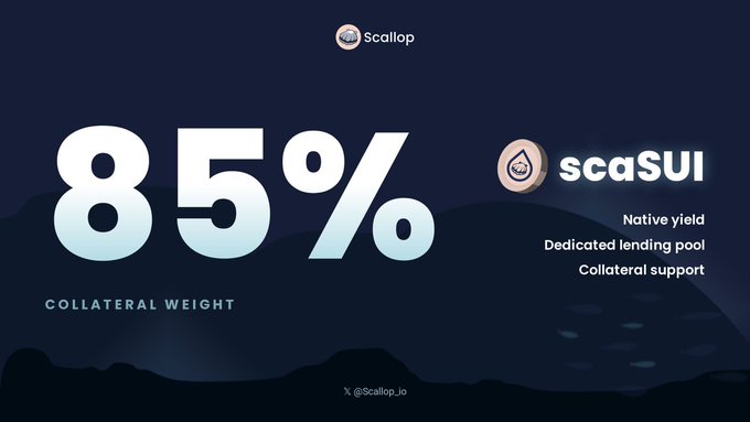 A promotional graphic for Scallop cryptocurrency showing '85% Collateral Weight' alongside features like 'Native yield,' 'Dedicated lending pool,' and 'Collateral support.'