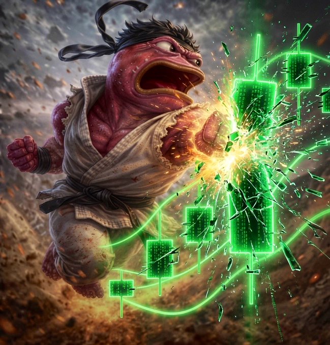 A dynamic digital artwork depicting an angry red fish-like humanoid warrior in martial arts attire punching through green glowing candlestick charts on a stock market graph, representing financial market destruction.