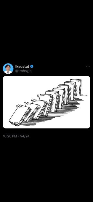A social media post from "lkaustat" (@trohsgjb) dated 7/4/24 at 10:28 PM features an illustration of falling dominoes, paired with a caption referencing the XRP symbol appearing on the Washington Monument during a Declaration of Independence celebration—using the imagery to suggest a dominos-of-fate metaphor tied to XRP.