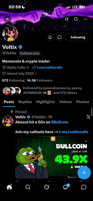 A Twitter/X profile screenshot for verified user 'Voltix' (@Voltxx), a memecoin and crypto trader since July 2025 with 14.5K followers, featuring a pinned post about a 50x callout on $Bullcoin showing a 43.9x gain.