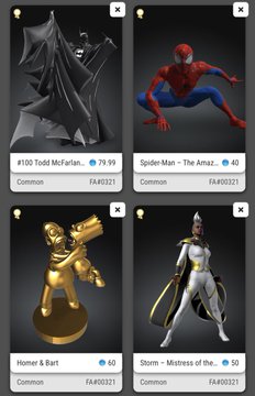The image is an advertisement for special edition figures of Batman and Spiderman displayed against a black background with a white border. Below these two comic book characters, there are four other action figures available as collectibles. The collection offers various price tags ranging from $OMI I am willing to sell off my #321 FA/FEs collection Highlights include first ever DC, Marvel, X-Men, & Disney #321 Yes that's Todd and FA Spidey... lmk @DavidYuNZ lmk".
