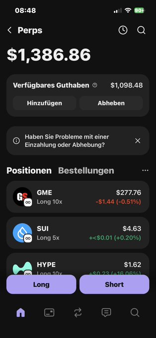The image depicts an iPhone screen displaying information about cryptocurrency investments, including the name of a cryptocurrency called "Hab." The stock price for this particular cryptocurrency stands at $0.75 or $0.76. A few options are available for buying or selling the stock in the future, with one option labeled as a "Long" and another as a "Short". Additionally, there is an app icon on the screen that could be related to cryptocurrency trading, but its exact function cannot be determined from the image alone.