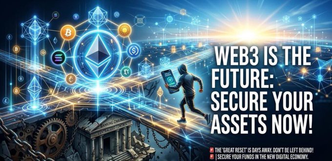 The image features a digital scene with a hooded figure running across a bridge from traditional banking structures toward a glowing Ethereum network and cryptocurrency icons, with bold text reading "WEB3 IS THE FUTURE: SECURE YOUR ASSETS NOW!" and banners stating "THE 'GREAT RESET' IS DAYS AWAY! DON'T BE LEFT BEHIND!" and "SECURE YOUR FUNDS IN THE NEW DIGITAL ECONOMY." This visual reinforces the post's urgency about $XRP flashing warning signals, suggesting holders should transition their assets to Web3 platforms before the implied economic "reset" occurs.