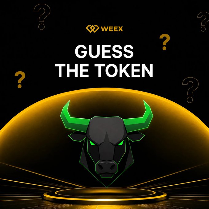 The image is a WEEX-branded promotional graphic for a "Guess the Token" quiz giveaway, featuring a green and black geometric bull logo on a gold stage with question marks, matching the post's call to comment answers for a chance to win 50 USDT.