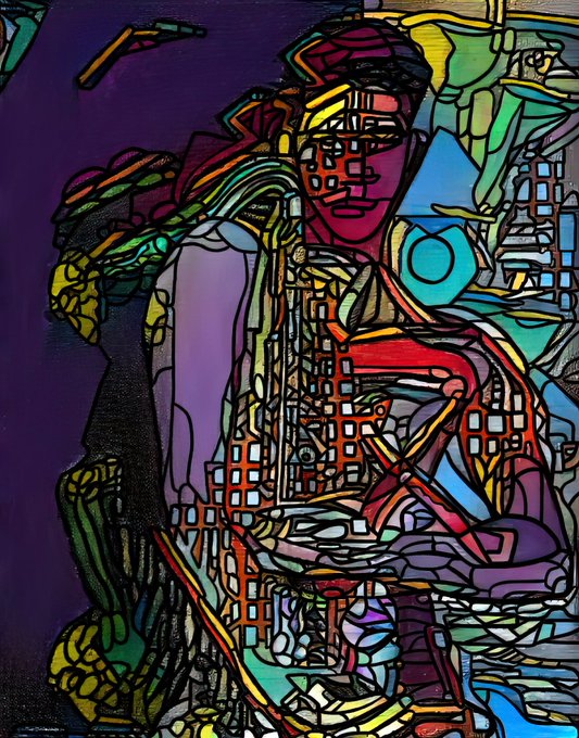 A vibrant, abstract cubist-style painting featuring fragmented geometric shapes in bold colors depicting a figure with a cityscape incorporated into its form.