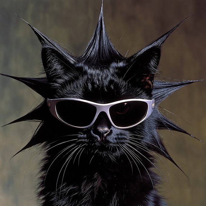 Stylized portrait of a black cat with spiky fur wearing silver sunglasses against a moody brown background.