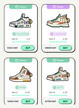 The image features four different pairs of sneakers displayed side by side, with their prices prominently listed below each pair. This suggests that they are being sold at various markets or online platforms like StepN Market. The sneakers appear to be quite expensive for their quality, as indicated in the text within the image. Overall, this gives a sense that the market is located somewhere in the world where designer footwear tends to come with a premium price tag.