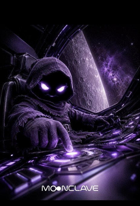 A dark sci-fi digital artwork featuring a hooded figure with glowing purple eyes operating a futuristic control panel in a spaceship, with a large moon and purple galaxy visible through the window; text reads 'MOONCLAVE'.