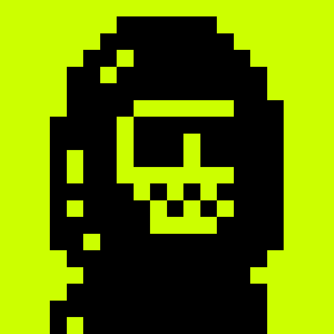 A pixel art style image showing a black silhouette of a person's head and shoulders wearing glasses, set against a bright neon green background.