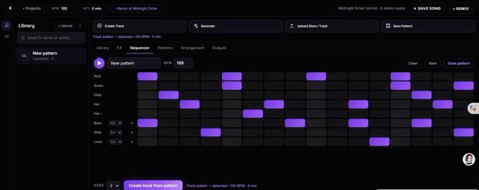 A screenshot of the KORUS music platform showing a sequencer interface with a new pattern being created at 120 BPM, featuring a piano roll grid with purple note blocks for instruments like Kick, Snare, Clap, Hat, Bass, Sub, and Lead on the "Demo of Midnight Drive" track. This visually represents the AI-assisted remix creation workflow described in the post, where the user is building a new track from an authorized work in the platform's music library.
