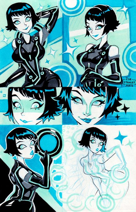 A sketchbook page featuring multiple marker illustrations of Quorra, the female protagonist from *Tron: Legacy*, drawn in her signature black bodysuit with glowing cyan circuitry accents and short dark hair, set against a bright blue and teal background with sparkle motifs. The artist's signature "Zoe Stanley 2023 / Arts" is visible in the upper right, and the page showcases various poses—including full-body stances and close-up facial studies—capturing the character's distinctive cyberpunk aesthetic in celebration of #TronDay.