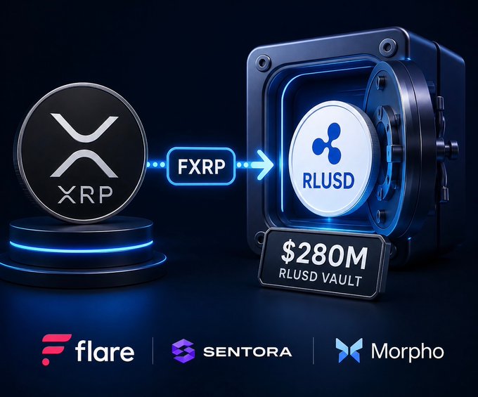 A glowing XRP coin connects via an "FXRP" arrow to a digital vault displaying the Ripple RLUSD logo with a "$280M RLUSD VAULT" label, visually representing the conversion process described in the post. The bottom features logos for Flare, Sentora, and Morpho, the key platforms enabling XRP holders to use FXRP as collateral to borrow RLUSD without selling their holdings.