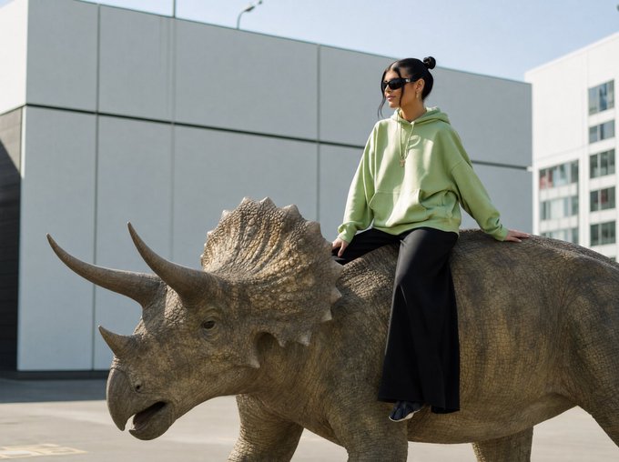 A woman in a light green hoodie, black pants, and sunglasses sits atop a triceratops statue outside a modern building.