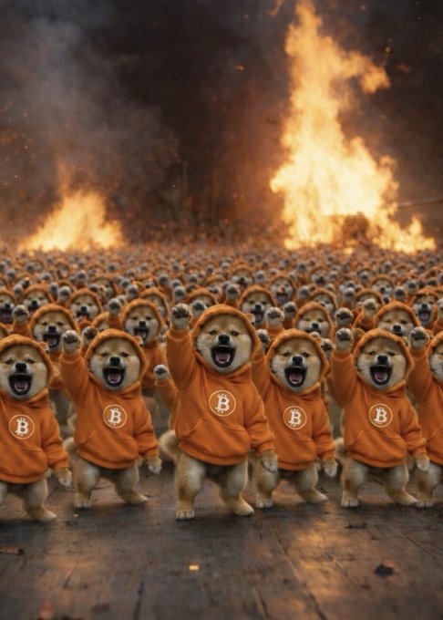 A digitally generated or meme-style image depicting a vast crowd of dogs (resembling Shiba Inus) wearing orange hoodies with a 'B' logo, cheering with raised paws against a backdrop of large fires and smoke.