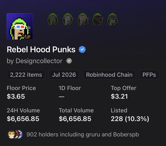 A NFT collection page for 'Rebel Hood Punks' by Designcollector showing 2,222 items on Robinhood Chain with a floor price of $3.65 and 902 holders.