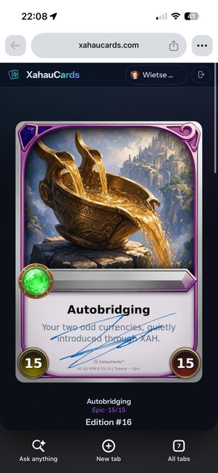 Screenshot from xahaucards.com showing an 'Autobridging' digital trading card (Epic 15/15, Edition #16) depicting an ornate chalice overflowing with gold liquid, with a blue signature across the card.