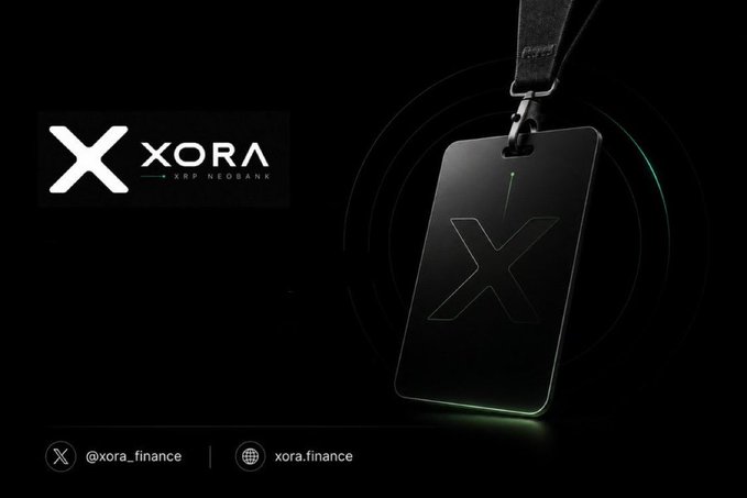 Xora by Neobank promotional graphic featuring the X logo on a black card-shaped device, with social handles @xora_finance and xora.finance.