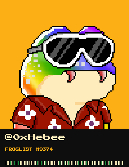 A pixel art character with a rainbow-colored cap, ski goggles, and a red floral Hawaiian shirt is displayed above the text '@0xHebee' and 'FROGLIST #9374'.