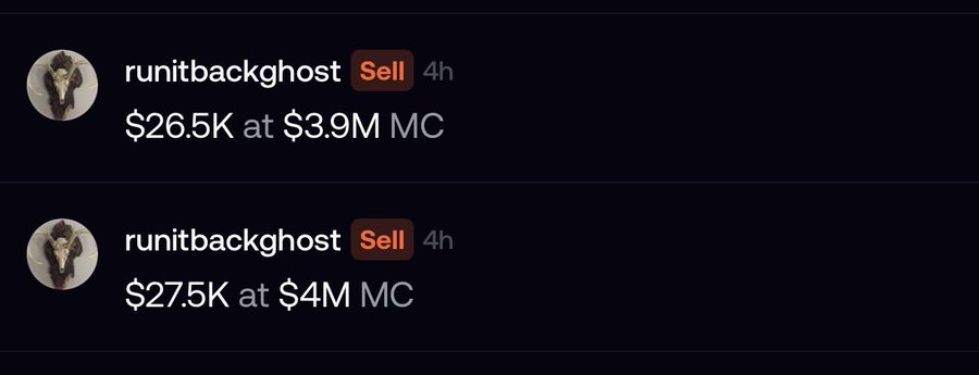 The image features a social media post with two lines of text. The first line says "Runitbackghost sell $26.5K at $39M MC" while the second line indicates that the post has been shared by another user with the hashtag "justabasedcig". The caption reads, "It takes only 1 second to share what was already posted here", and a picture of a person is displayed below this text.