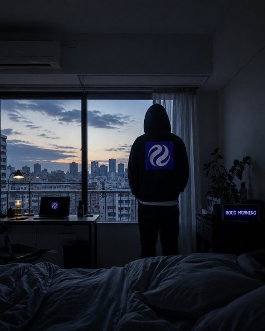 The image features a man standing in his bedroom at night, looking out of a window towards a city skyline. The room appears dark, but there are some lights visible, suggesting that he might be using a lamp or other light source for illumination. The man is wearing a hoodie and has a laptop on the bed next to him. The cityscape outside the window serves as an interesting backdrop for this scene, adding depth and context to the image.