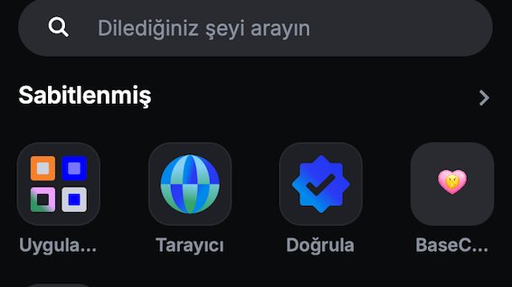 A mobile interface in Turkish displaying a search bar and a 'Sabitlenmiş' (Pinned) section with app icons including 'Uygul...' (Apply), 'Tarayıcı' (Browser), 'Doğrula' (Verify), and 'BaseC...'.