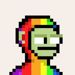 A pixel art illustration depicts a green zombie face wearing a colorful rainbow-colored beanie or bandana.