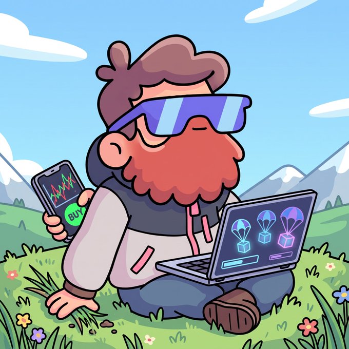 A cartoon illustration of a bearded man wearing purple sunglasses, holding a phone with a 'BUY' button and a stock chart, while sitting with a laptop displaying NFTs.