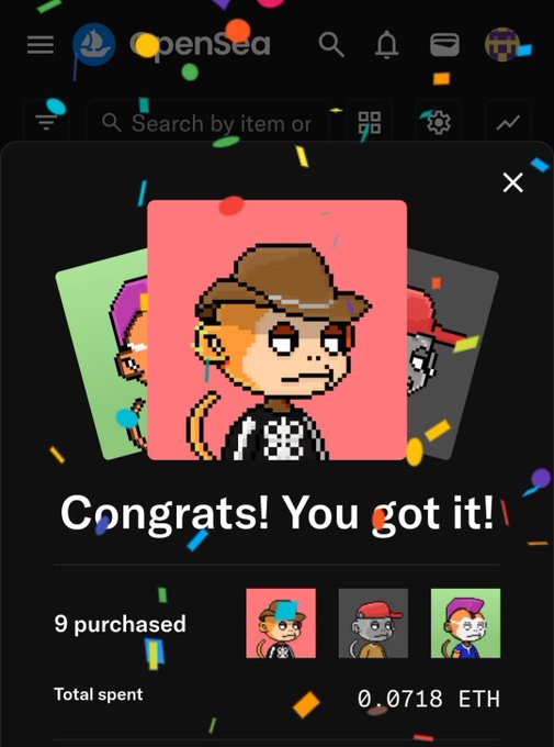 An OpenSea NFT purchase confirmation screen showing 'Congrats! You got it!' with pixel art monkey NFT cards, indicating 9 purchased for a total of 0.0718 ETH, with confetti effects celebrating the acquisition.