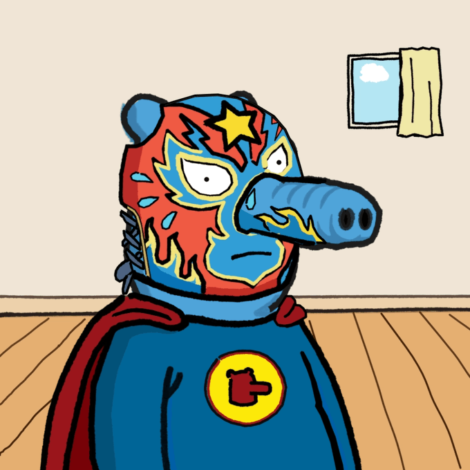 A cartoon character wearing a colorful red, blue, and yellow luchador-style mask and a blue superhero cape with a thumbs-up emblem stands in a room with a window.