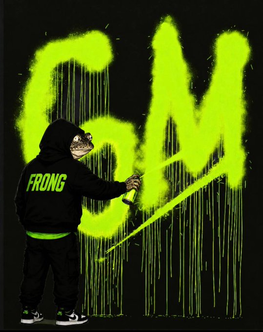 A digital illustration of a hooded figure wearing a frog mask spray-painting neon green graffiti on a black wall; the hoodie reads 'FRONG' and the graffiti spells out '6M'.
