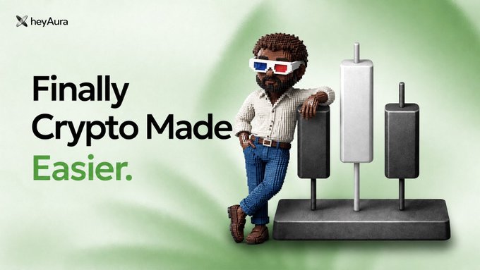 A promotional graphic for **heyAura** featuring a 3D-rendered bearded figure in 3D glasses leaning against abstract device shapes, with the tagline **"Finally Crypto Made Easier."** The image aligns with the post by visually reinforcing heyAura's mission to solve DeFi's usability problem through AI-driven simplification.