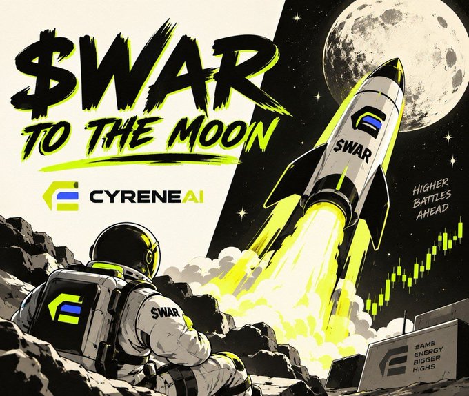 A stylized illustration depicts a rocket emblazoned with "$WAR" launching toward the moon, while an astronaut wearing a "$WAR" backpack watches from a rocky lunar surface. The image promotes the Cyrene AI x $WAR launch, with text overlays including "$WAR TO THE MOON," "HIGHER BATTLES AHEAD," "SAME ENERGY, BIGGER HIGHS," and the contract address "0x71b61478be17d247ddc60d1a695ea01b3028dd94," reinforcing the project's tagline that your wallet becomes your fighter.