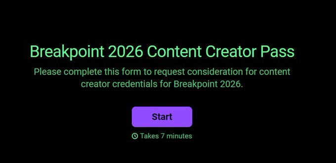 A form landing page titled 'Breakpoint 2026 Content Creator Pass' with a purple 'Start' button noting it 'Takes 7 minutes' to complete.