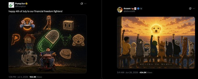 The image shows two X posts from crypto influencers: Pump.fun (@Pumpfun) posting "happy 4th of july to our financial freedom fighters!" with meme coin imagery (194.3K views), and Ansem (@ansemx) posting artwork featuring Solana mascots titled "RETURN TO MEMES" with a sunset background (434.6K views).

The image relates to the post by highlighting how prominent Solana ecosystem accounts like Pump.fun (a popular Solana memecoin launchpad) and Ansem (a well-known Solana advocate) are actively promoting Solana-based meme culture and community engagement on the platform.