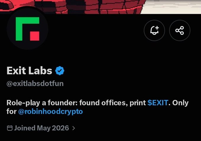 This image shows the X (Twitter) profile page for **Exit Labs (@exitlabsdotfun)**, featuring a green and red "E" logo and bio text reading "Role-play a founder: found offices, print $EXIT. Only for @robinhoodcrypto," with a join date of May 2026. The profile relates to the accompanying post by highlighting the upcoming free mint collection on RH Chain with a 4444 supply, as mentioned by the poster recommending it to the community.