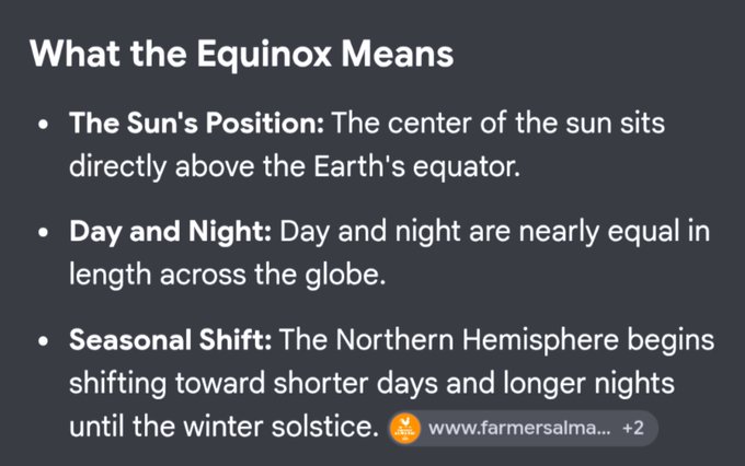 Infographic titled 'What the Equinox Means' explaining the sun's position above the equator, equal day and night, and seasonal shift, sourced from farmersalmanac.com.