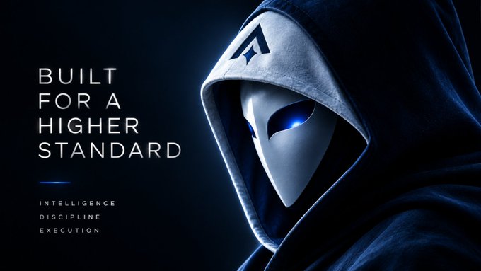 A dark promotional poster featuring a hooded figure wearing a futuristic white mask with blue glowing eyes; text reads "BUILT FOR A HIGHER STANDARD" with "INTELLIGENCE, DISCIPLINE, EXECUTION" listed below.