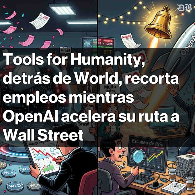 The image shows a cartoon depiction of two men sitting at desks with computer monitors. One man has a tablet while the other has a laptop, both are focused on their work. The scene also includes various objects such as cups, books, and a keyboard. The text in the image reads "Despados en Tools for Humanity La empresa detrás de World, antes conocida como Worldcoin, ha recortado empleos en medio de una reestructuración estratégica." This phrase suggests that these men are working on a project related to cryptocurrency and the world economy. The image is accompanied by a post about tools for humanity in the context of the OpenAI financial system, which could be interpreted as an advertisement or promotion for the OpenAI financial system.
