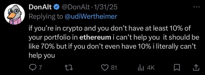 A tweet from DonAlt (@DonAlt) dated 1/31/25 replying to @udiWertheimer about crypto portfolio allocation in ethereum, showing 7 replies, 81 likes, and 4K views.