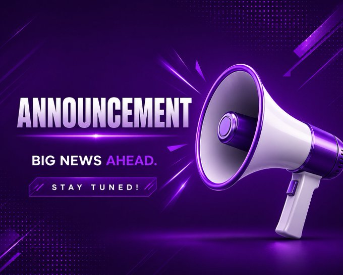 A purple promotional banner with a 3D megaphone illustration reading 'ANNOUNCEMENT - BIG NEWS AHEAD. STAY TUNED!'