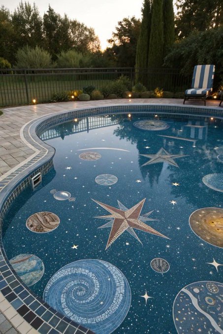 A backyard swimming pool features an elaborate celestial-themed mosaic floor with stars, planets, and constellations, set against an evening landscape with trees.